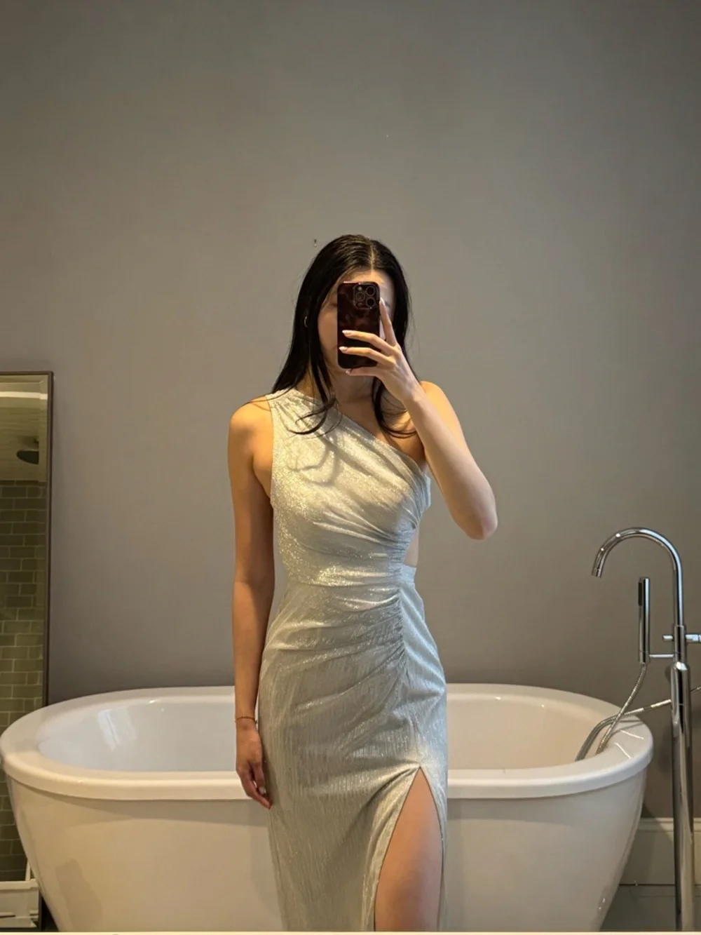 Aidan Mattox Silver One-Shoulder Metallic Evening Dress - Picture 2 of 5
